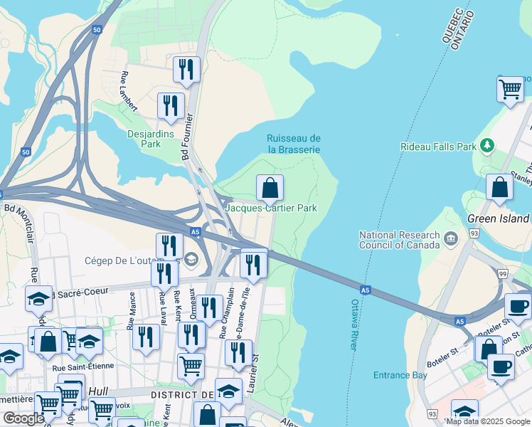 map of restaurants, bars, coffee shops, grocery stores, and more near 285 Laurier Street in Gatineau