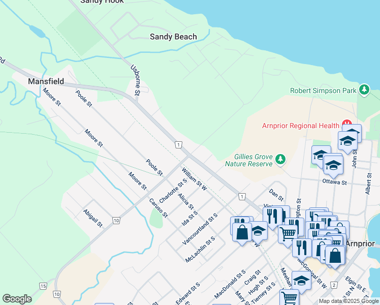 map of restaurants, bars, coffee shops, grocery stores, and more near 6 River Road in Arnprior