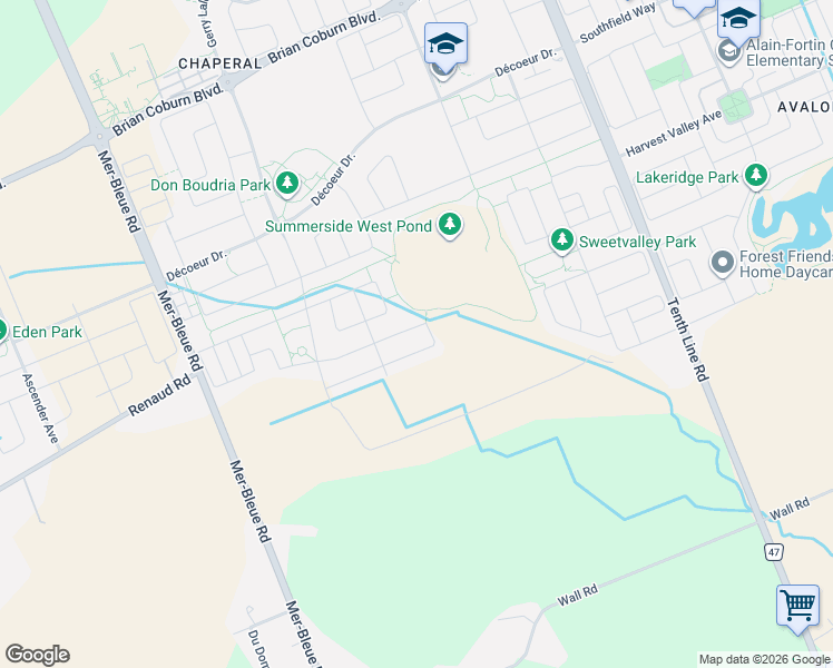 map of restaurants, bars, coffee shops, grocery stores, and more near 555 Arum Terrace in Ottawa