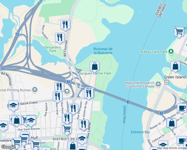map of restaurants, bars, coffee shops, grocery stores, and more near 285 Rue Laurier in Gatineau
