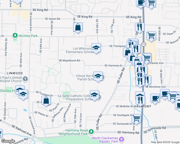 map of restaurants, bars, coffee shops, grocery stores, and more near 7311 Southeast Michael Drive in Milwaukie