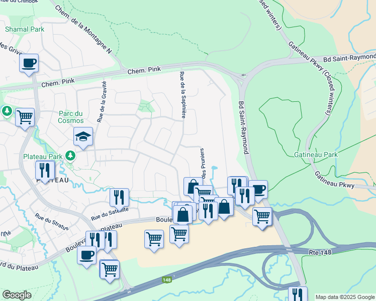 map of restaurants, bars, coffee shops, grocery stores, and more near 35 Rue des Pruniers in Gatineau