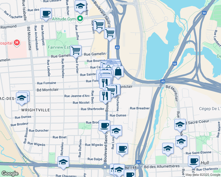map of restaurants, bars, coffee shops, grocery stores, and more near in Gatineau