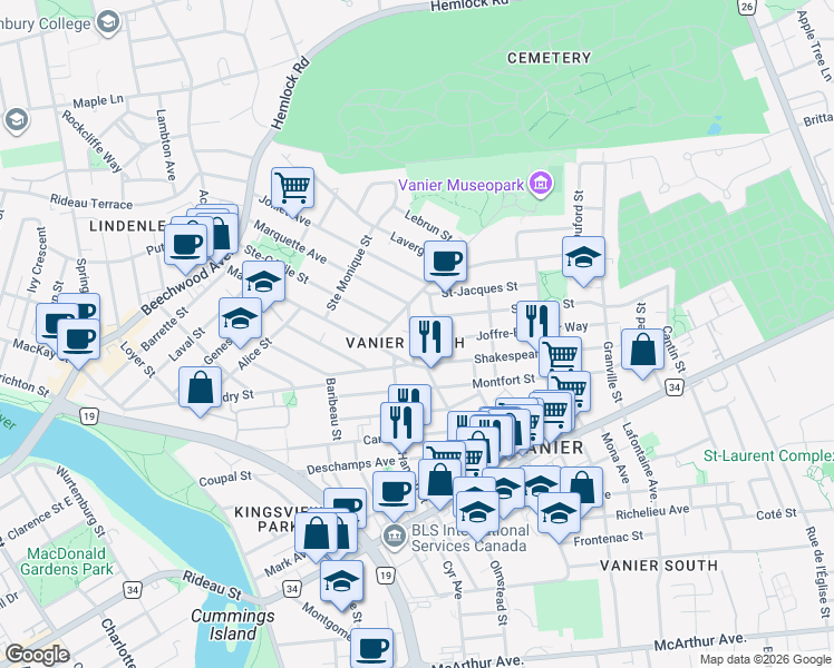map of restaurants, bars, coffee shops, grocery stores, and more near 163 Longpré Street in Ottawa