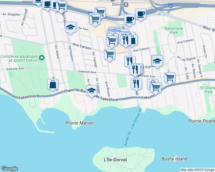 map of restaurants, bars, coffee shops, grocery stores, and more near Avenue Brunet in Dorval
