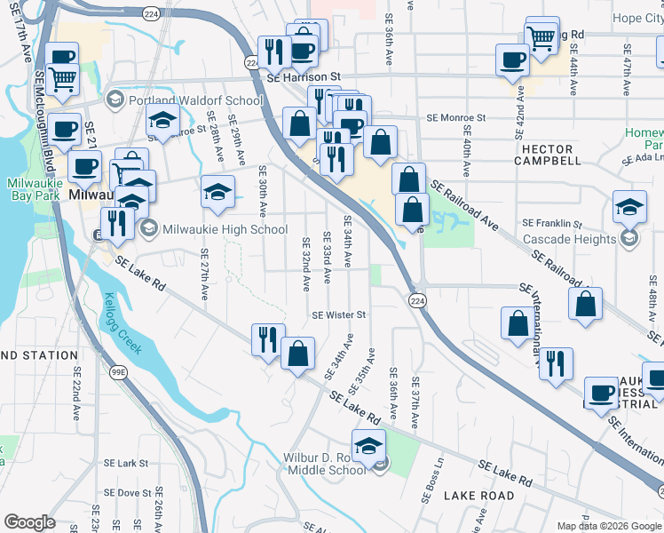 map of restaurants, bars, coffee shops, grocery stores, and more near 3305 Southeast Sellwood Street in Milwaukie
