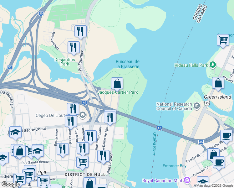 map of restaurants, bars, coffee shops, grocery stores, and more near 285 Rue Laurier in Gatineau
