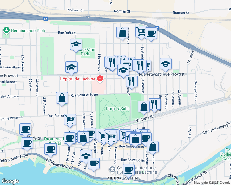 map of restaurants, bars, coffee shops, grocery stores, and more near 1190 Rue Saint Antoine in Montreal