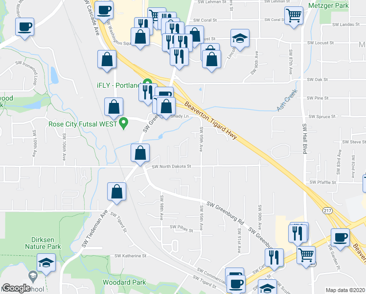 map of restaurants, bars, coffee shops, grocery stores, and more near 9655 Southwest North Dakota Street in Tigard