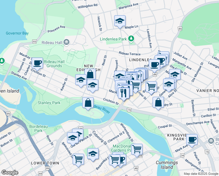 map of restaurants, bars, coffee shops, grocery stores, and more near in Ottawa