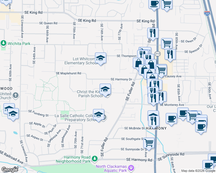 map of restaurants, bars, coffee shops, grocery stores, and more near 7555 Southeast Michael Drive in Milwaukie