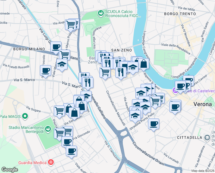 map of restaurants, bars, coffee shops, grocery stores, and more near 36 Via Angelo Scarsellini in Verona