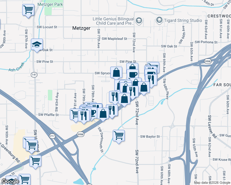 map of restaurants, bars, coffee shops, grocery stores, and more near 11033 Southwest Legacy Oak Way in Tigard