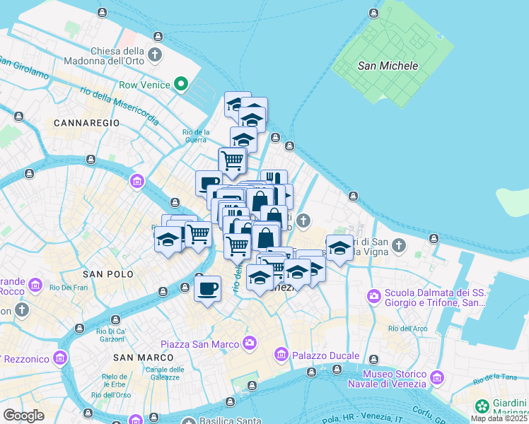 map of restaurants, bars, coffee shops, grocery stores, and more near 6015 Calle Maggioni in Venezia