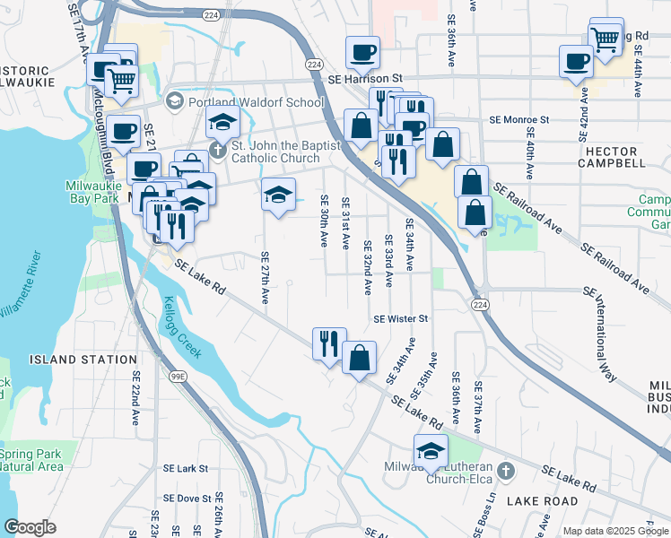 map of restaurants, bars, coffee shops, grocery stores, and more near 3015 Southeast Sellwood Street in Milwaukie