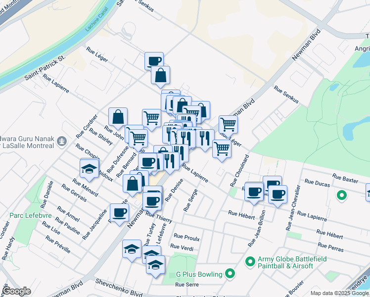 map of restaurants, bars, coffee shops, grocery stores, and more near in Montréal