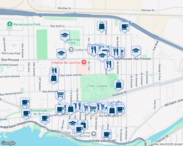 map of restaurants, bars, coffee shops, grocery stores, and more near 1260 Rue Saint-Antoine in Montréal