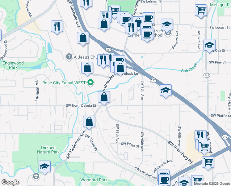 map of restaurants, bars, coffee shops, grocery stores, and more near 11046 Southwest Greenburg Road in Tigard