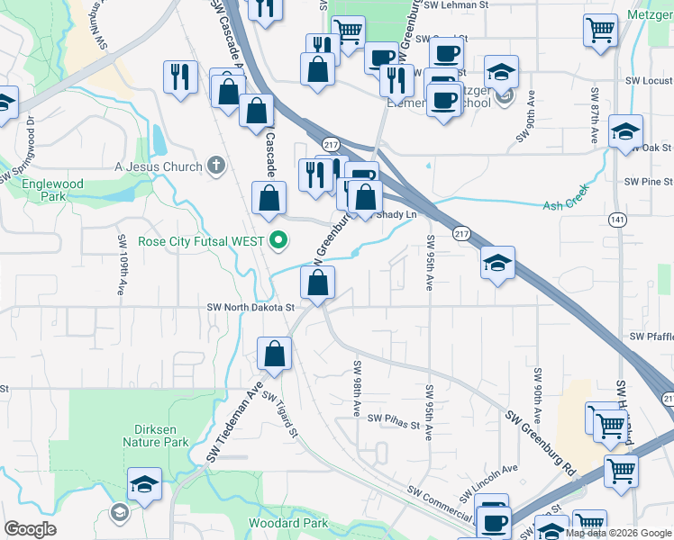 map of restaurants, bars, coffee shops, grocery stores, and more near in Tigard