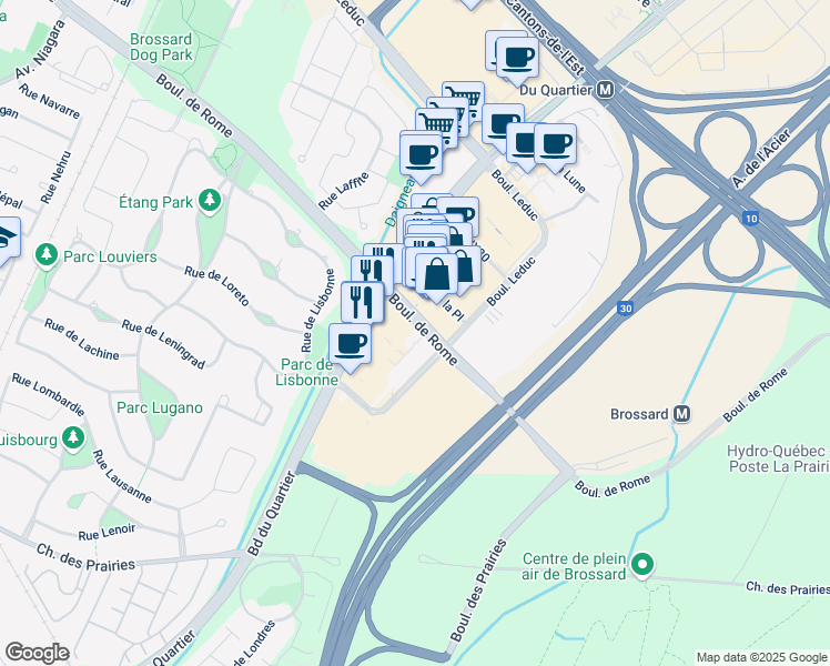 map of restaurants, bars, coffee shops, grocery stores, and more near 6305 Boulevard de Rome in Brossard