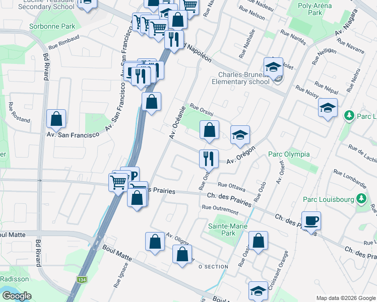 map of restaurants, bars, coffee shops, grocery stores, and more near 8675 Avenue Orégon in Brossard