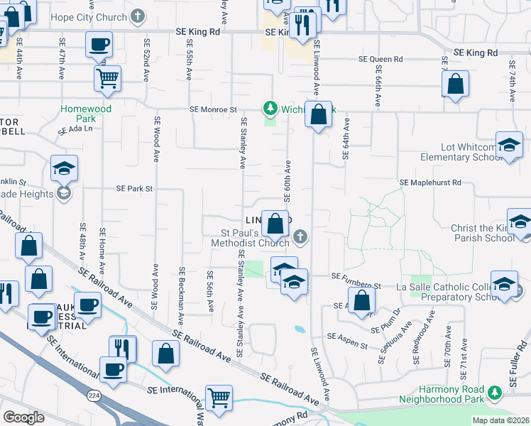map of restaurants, bars, coffee shops, grocery stores, and more near 5897 Southeast Sundial Court in Milwaukie