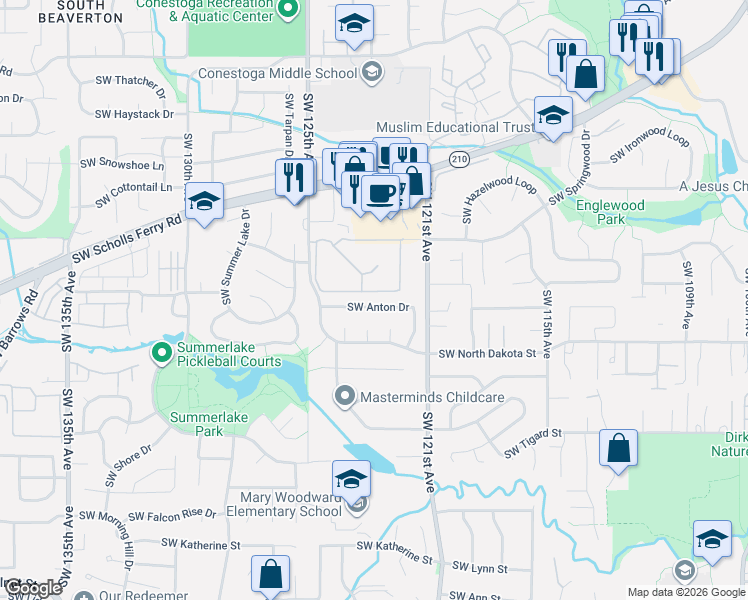 map of restaurants, bars, coffee shops, grocery stores, and more near 12295 Southwest Anton Drive in Tigard