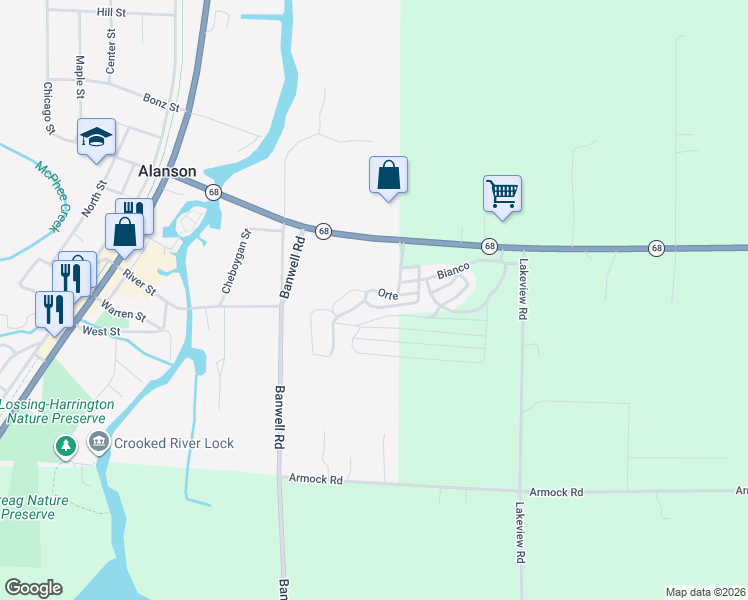 map of restaurants, bars, coffee shops, grocery stores, and more near Orte in Alanson