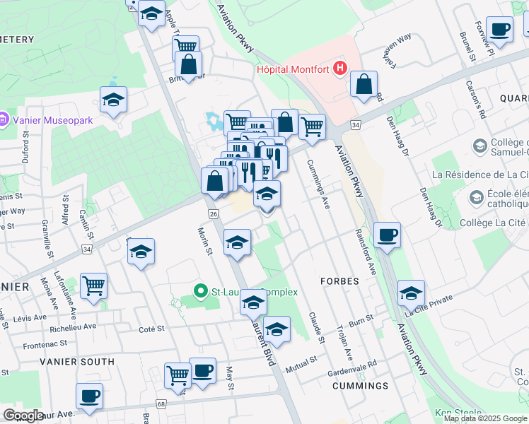 map of restaurants, bars, coffee shops, grocery stores, and more near in Ottawa