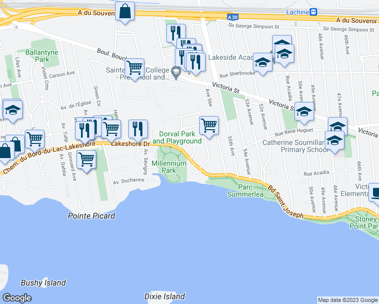 map of restaurants, bars, coffee shops, grocery stores, and more near 55 Chemin Bord-du-Lac in Dorval