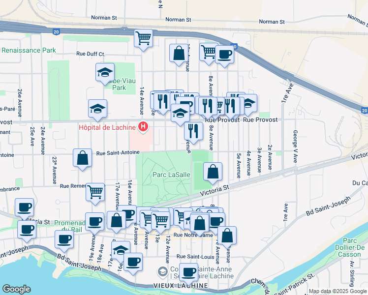 map of restaurants, bars, coffee shops, grocery stores, and more near 1030 Rue Saint Antoine in Montreal