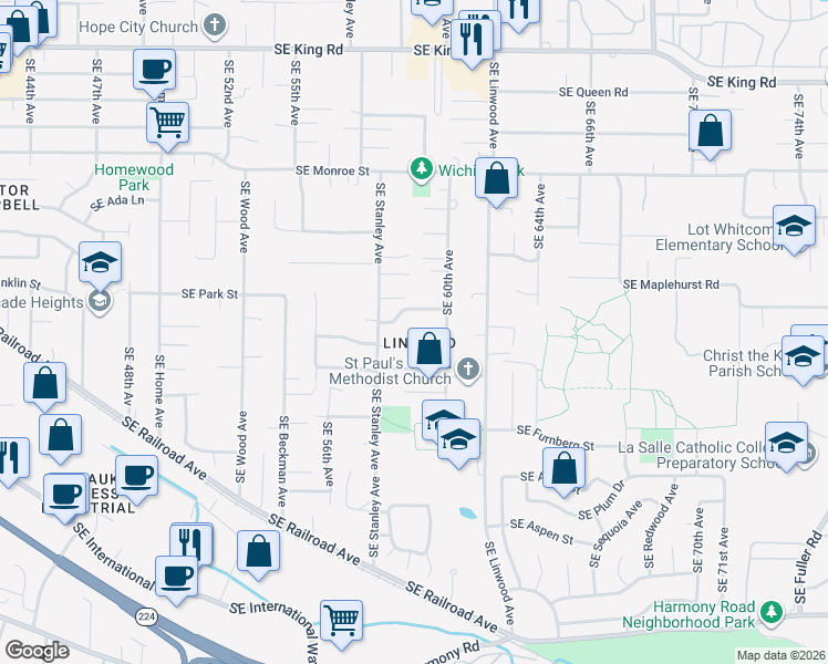 map of restaurants, bars, coffee shops, grocery stores, and more near 5897 Southeast Sundial Court in Milwaukie