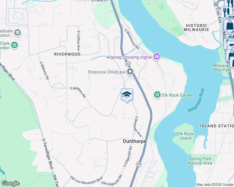 map of restaurants, bars, coffee shops, grocery stores, and more near 11633 South Breyman Avenue in Portland