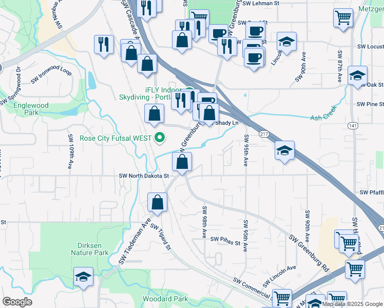 map of restaurants, bars, coffee shops, grocery stores, and more near in Tigard
