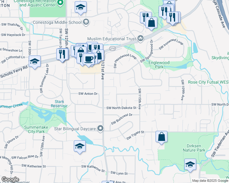 map of restaurants, bars, coffee shops, grocery stores, and more near 12079 Southwest Summerbrook Lane in Tigard