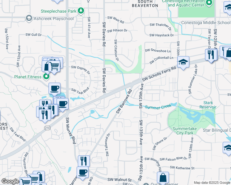 map of restaurants, bars, coffee shops, grocery stores, and more near 10880 Southwest Davies Road in Beaverton