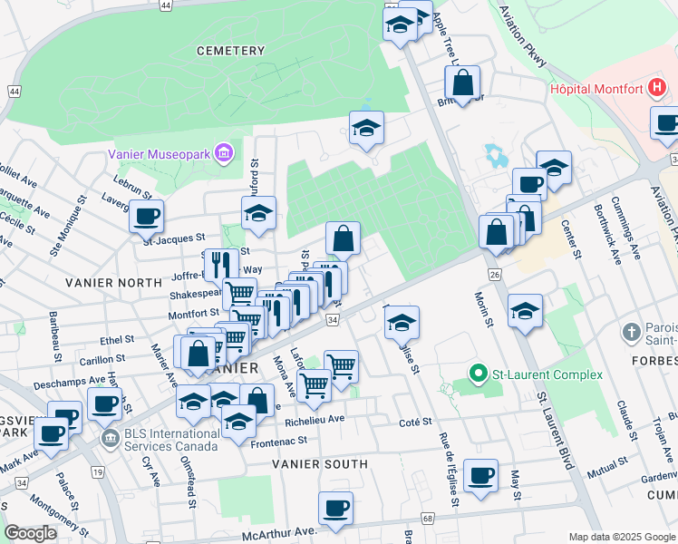 map of restaurants, bars, coffee shops, grocery stores, and more near 204 Cantin Street in Ottawa