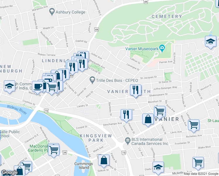 map of restaurants, bars, coffee shops, grocery stores, and more near in Ottawa