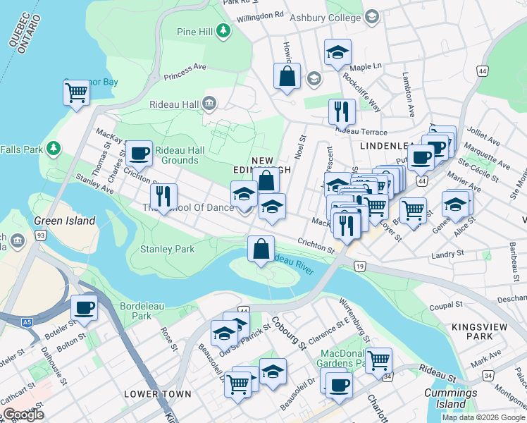 map of restaurants, bars, coffee shops, grocery stores, and more near 64 Dufferin Road in Ottawa