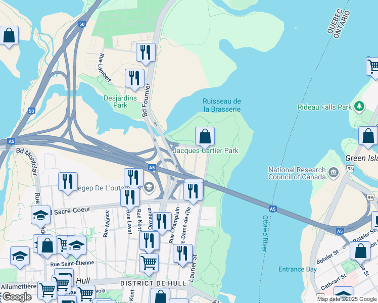 map of restaurants, bars, coffee shops, grocery stores, and more near 50 Rue Dussault in Gatineau