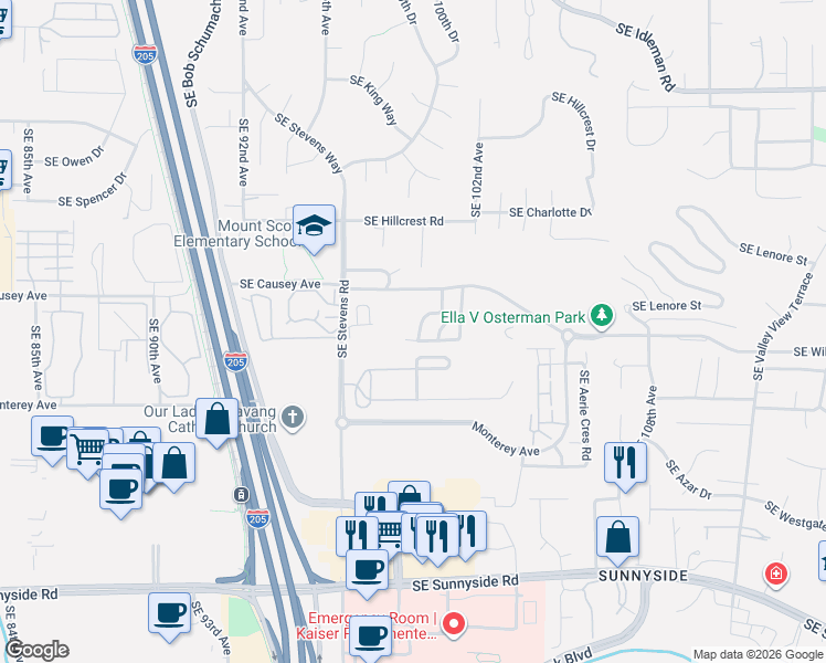 map of restaurants, bars, coffee shops, grocery stores, and more near 11435 Southeast Falco Street in Happy Valley