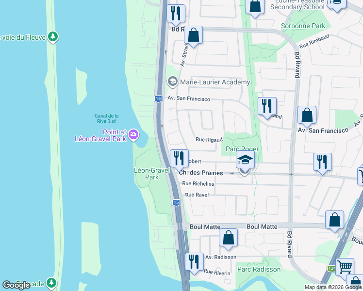 map of restaurants, bars, coffee shops, grocery stores, and more near 1260 Rue Romaine in Brossard