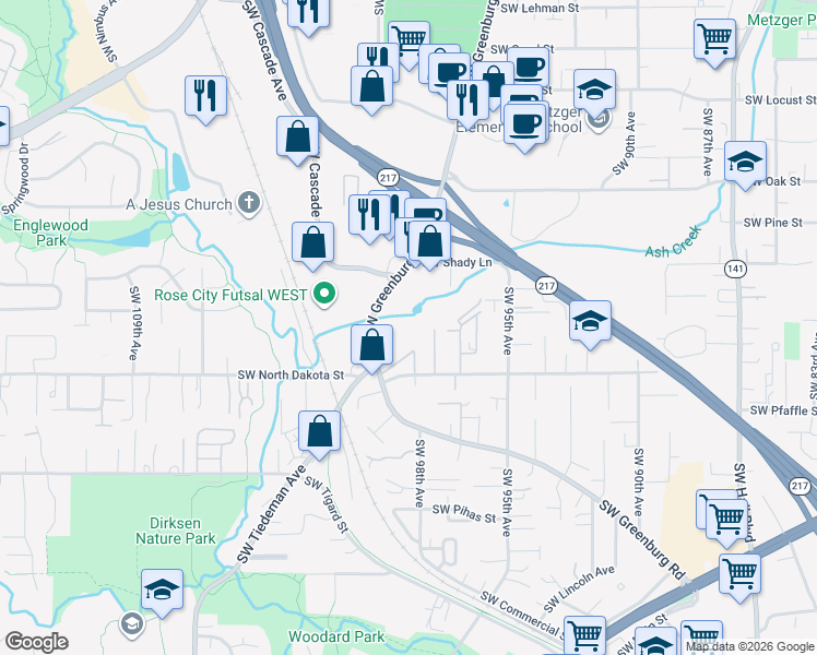 map of restaurants, bars, coffee shops, grocery stores, and more near 109010 Southwest Greenburg Road in Tigard