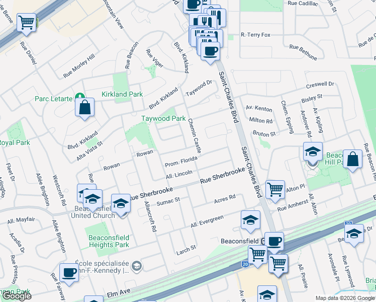 map of restaurants, bars, coffee shops, grocery stores, and more near 188 Avenue Rowan in Beaconsfield