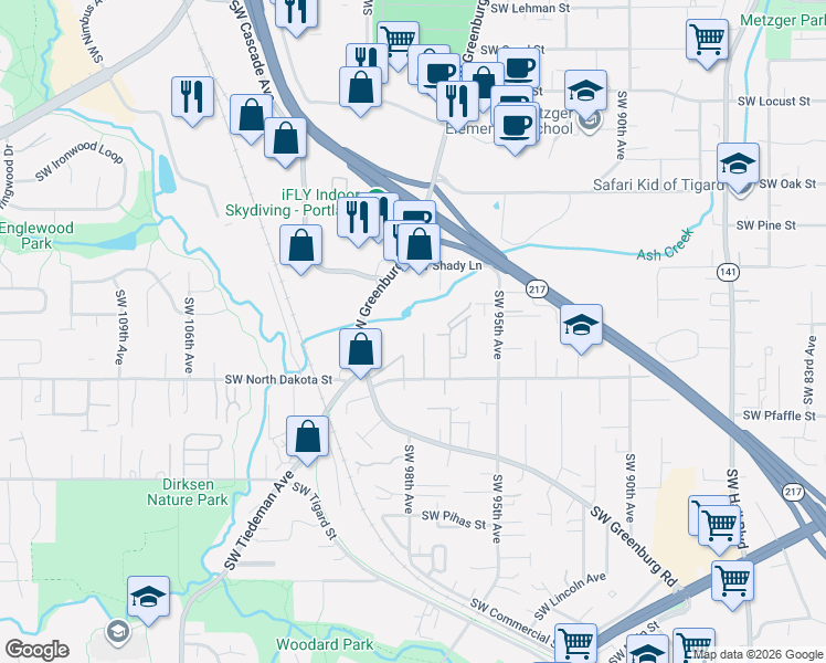 map of restaurants, bars, coffee shops, grocery stores, and more near 11048 Southwest Greenburg Road in Portland