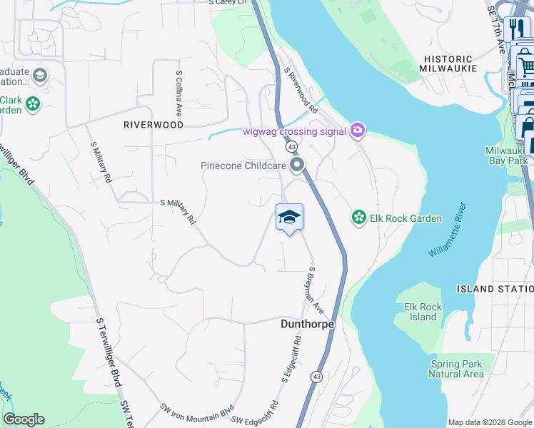 map of restaurants, bars, coffee shops, grocery stores, and more near 11633 South Breyman Avenue in Portland