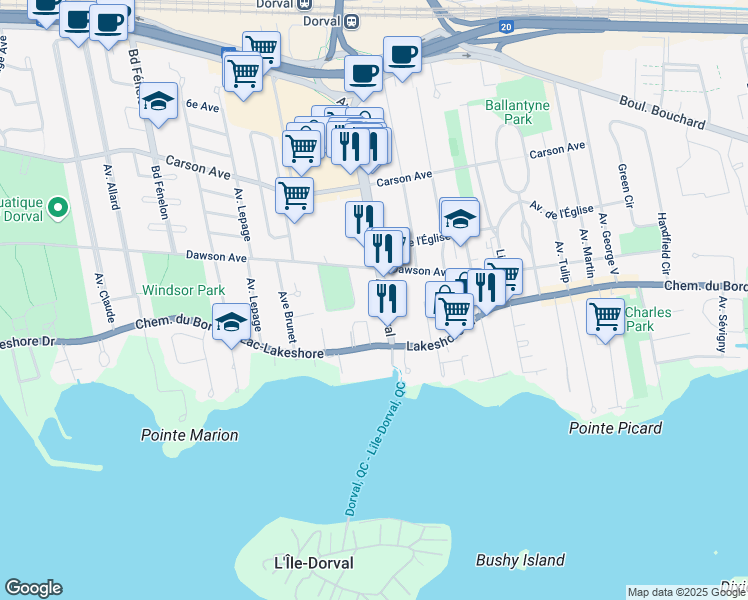 map of restaurants, bars, coffee shops, grocery stores, and more near 160 Avenue Dorval in Dorval