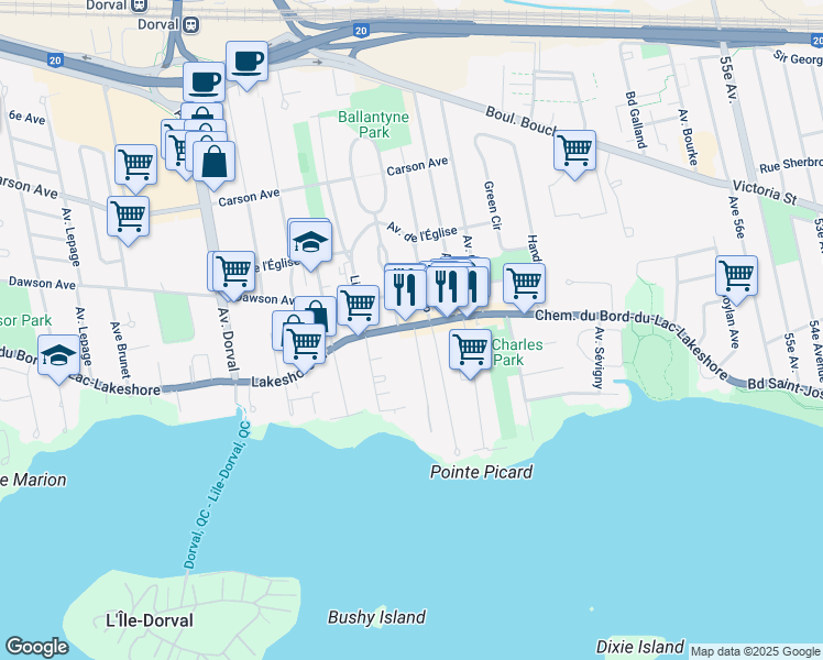 map of restaurants, bars, coffee shops, grocery stores, and more near 93 Dahlia Avenue in Dorval