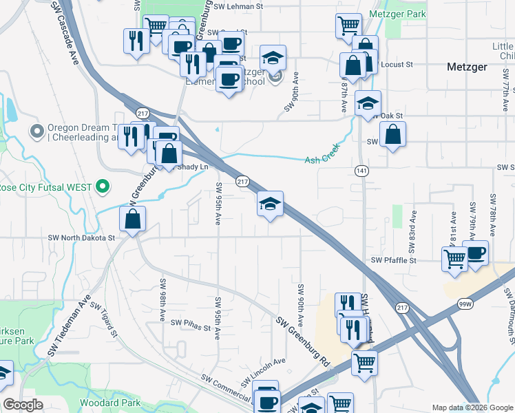 map of restaurants, bars, coffee shops, grocery stores, and more near 9378 Southwest Mandamus Court in Tigard