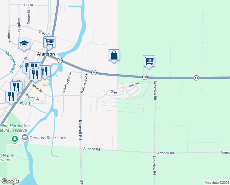 map of restaurants, bars, coffee shops, grocery stores, and more near Orte in Alanson